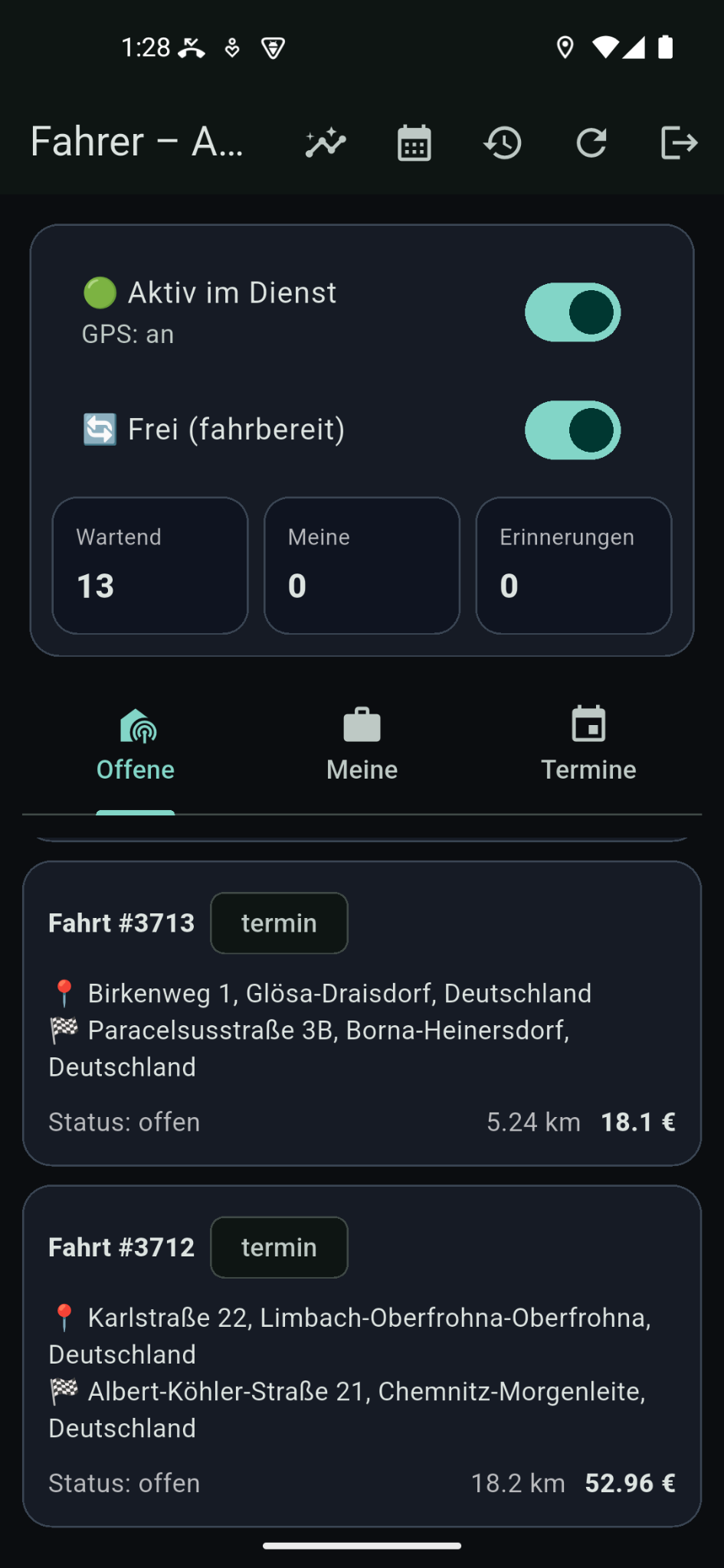 DriveYou: Fahrer Dashboard mit Status und Offene Fahrten