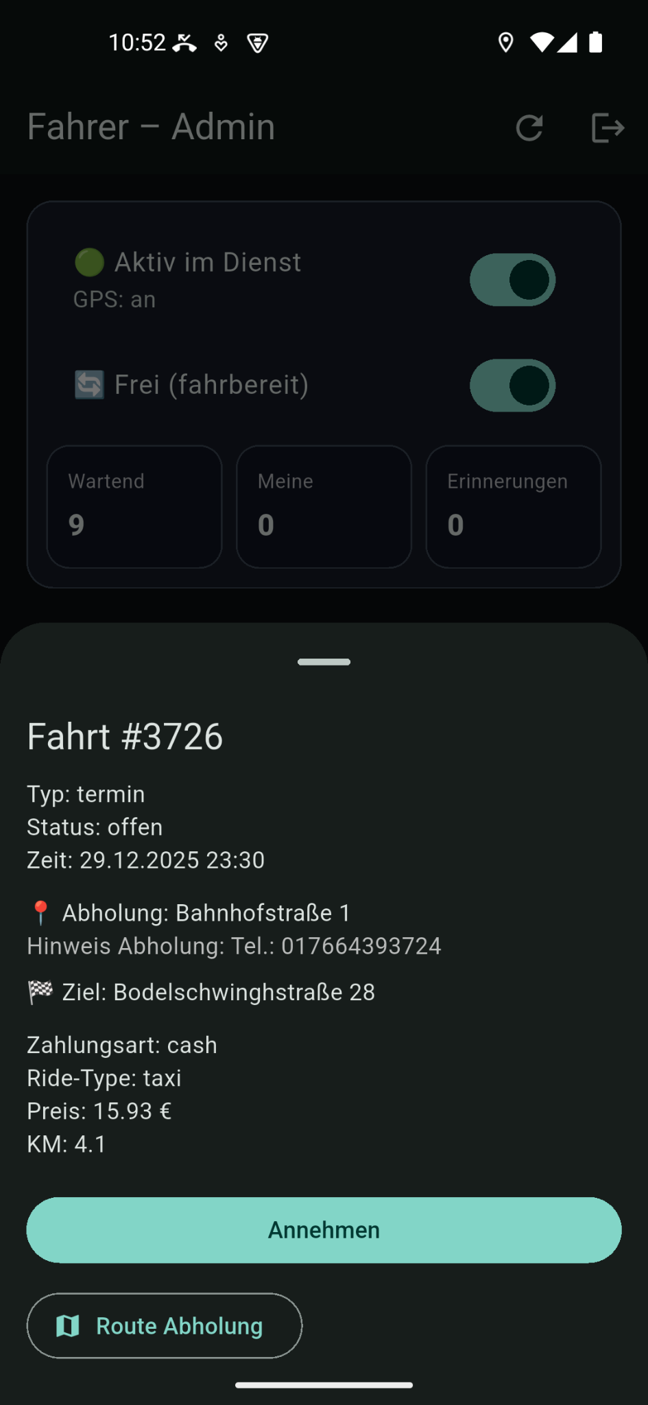 DriveYou: Fahrtdetails mit Annahme und Route zur Abholung